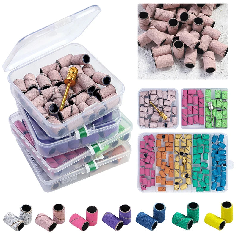 100pcs/box Nail Art Sanding Bands Pink Green Purple Grinding Sand Ring Bit for Electric Drill Machine Accessories Manicure Tools
