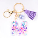 Women ew Crystal Epoxy Tassel Keychain Pendant Girl Heart English Capital Letter Stone Key K5158