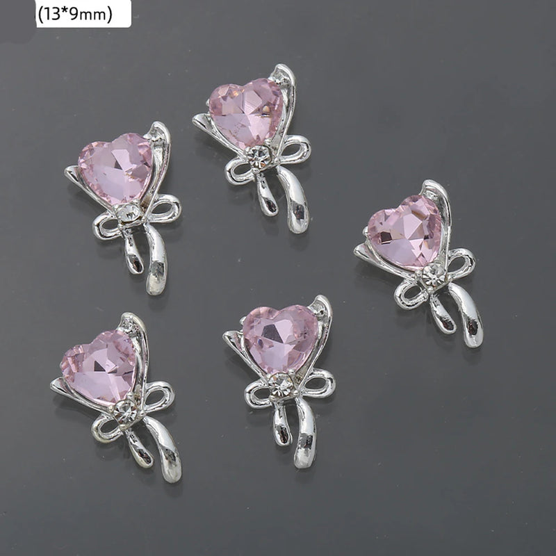 10Pcs Pink Metal Gem Zircon Nail Art Charm 3D Luxurious Heart Ribbon Cross Starlight Nail Decoration DIY Zircon Nail Accessories