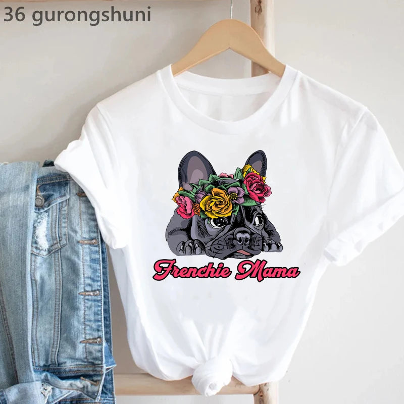 Frenchies In Love Animal Print T-Shirt Women'S Clothing French Bulldog Tshirt Femme Harajuku Kawaii Clothes Dog Lover T Shirt