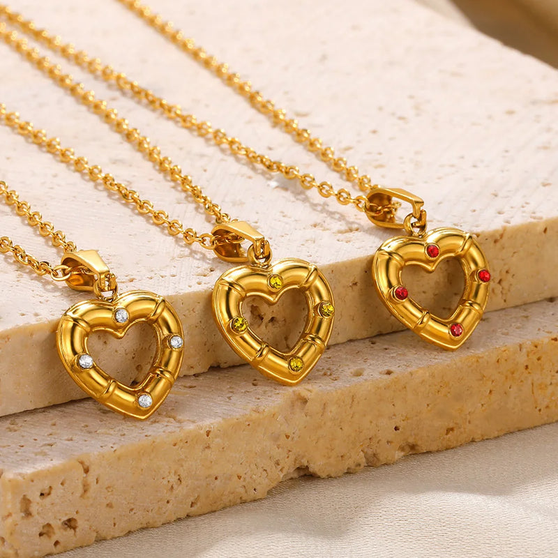 Love Heart Stainless Steel Necklace for Woman Gold Color Zircon Fashion Pendant Chain Jewelry collares para mujer