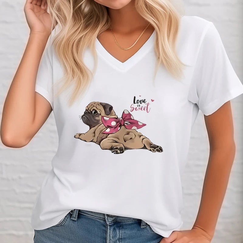 T-shirt Female Cute Dog Printed T-shirt Women V-neck Women's Shirt Dog Lover Shirt Youthful Woman Clothes Women's Clothing Sales