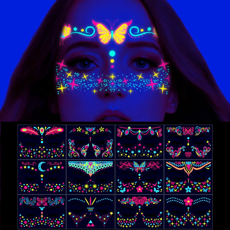 1Pc UV Neon Butterfly Flower Face Tattoo Stickers 14*15cm Waterproof Fluorescent Body Sticker for Club Party Makeup Face Sticker