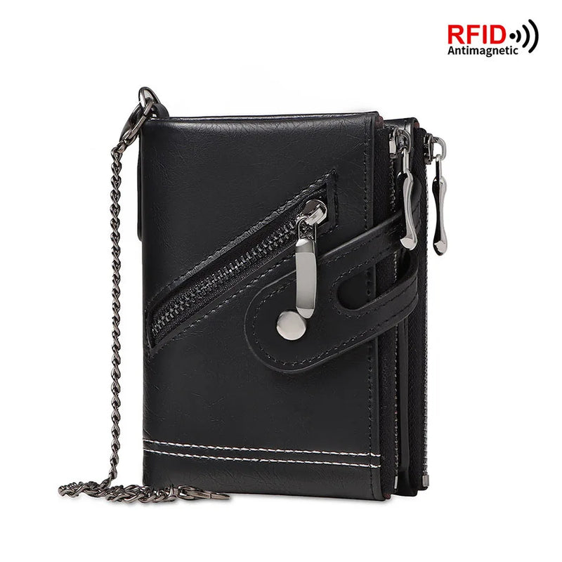 Classic retro Men's Chain Wallet RFID Anti-Theft Men's Leather Wallet Double Zipper Coin Purse Credit Card Holder for Men