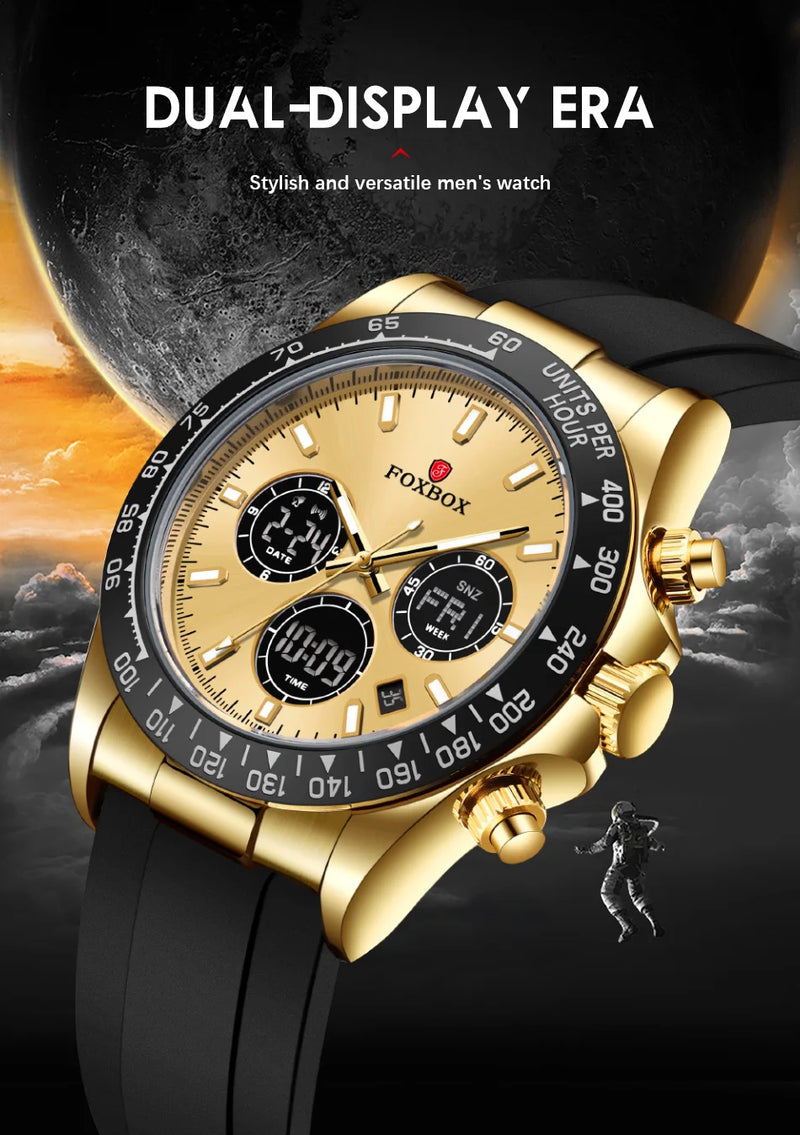 LIGE Top Brand Luxury FOXBOX Men Watch Calendar Date Week Quartz Wristwatch Dual Display Digital Watches Mens Luminous Clock Man