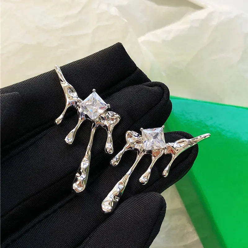 Lava Waterdrop Inlaid Square Zircon Stud Earrings Personality Creativity Irregular Silver Color Ear Wedding Jewelry Gift