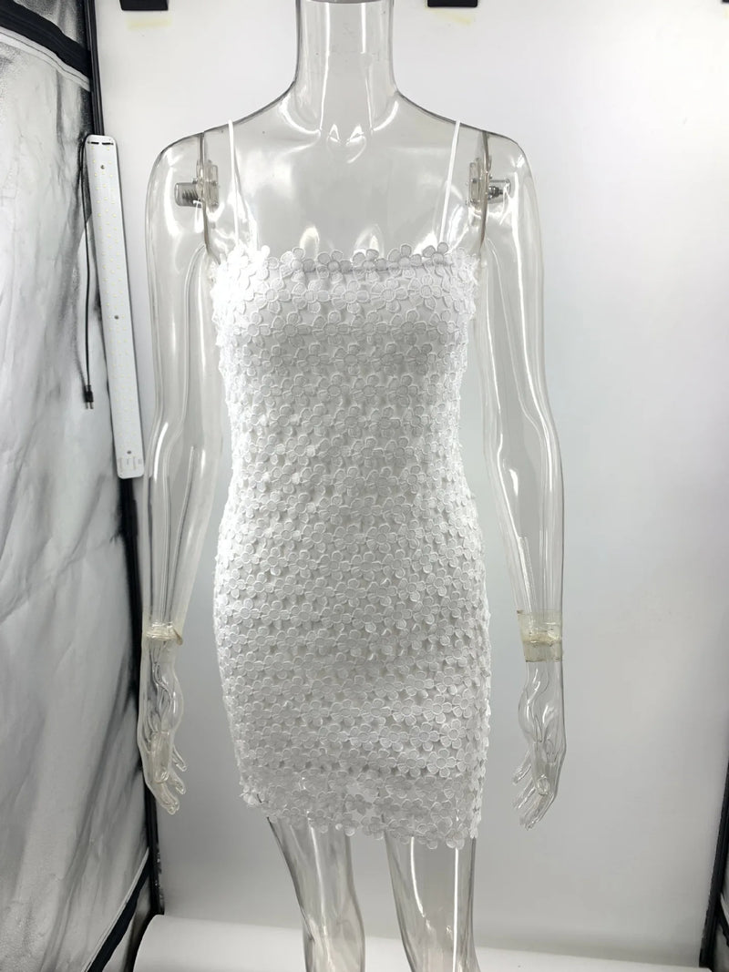 2024 New Summer Sexy Vestidos Spaghetti Strap Lace Hollow Midi Party Dress For Women White Backless Elegant Dresses Vestido