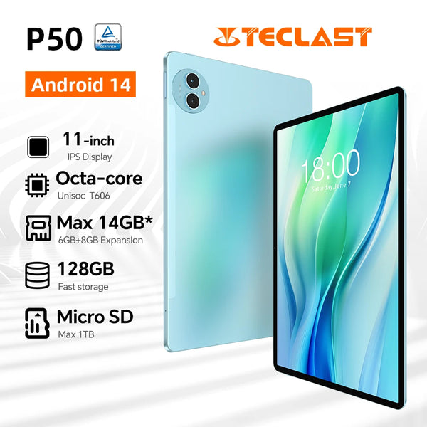Teclast P50 Android 14 Tablet 11" IPS Max 14GB RAM 128GB ROM Unisoc T606 8-core 13MP Camera 8000mAh Type-C 4G LTE TÜV Rheinland