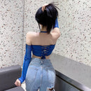 Women's Hanging Neck Off Shoulder T-shirt with Mesh Splice Sexy Open Umbilical Long Sleeve Top T-shirt