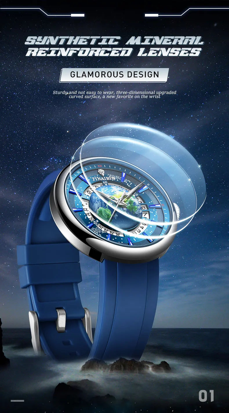 Tourbillon Earth Men's Watch Luminous 3D Mechanical Automatic Genuine Leather Waterproof High End Luxury relogios masculino