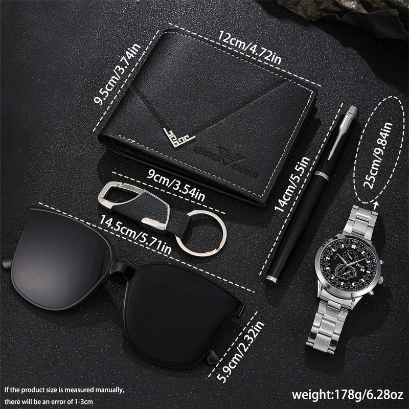 5 pieces/set of men's watches Fashionable, handsome and casual watch watch set + glasses + wallet birthday gift set