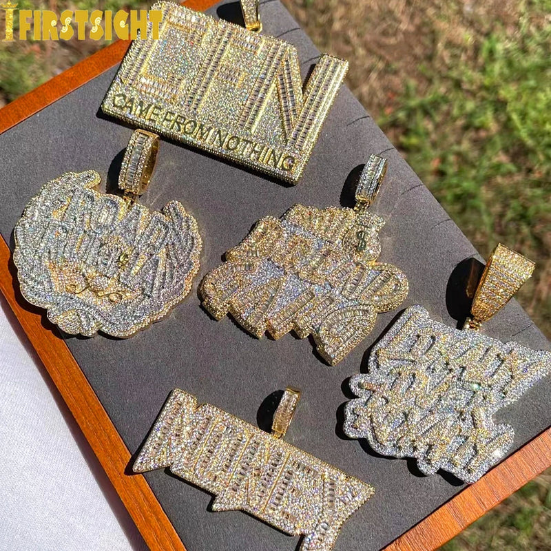 New Iced Out Bling CZ Letter Cross Pendant Necklace Various Design 5A Zircon Two Tone Color Badge Charm Men's Hip Hop Jewelry