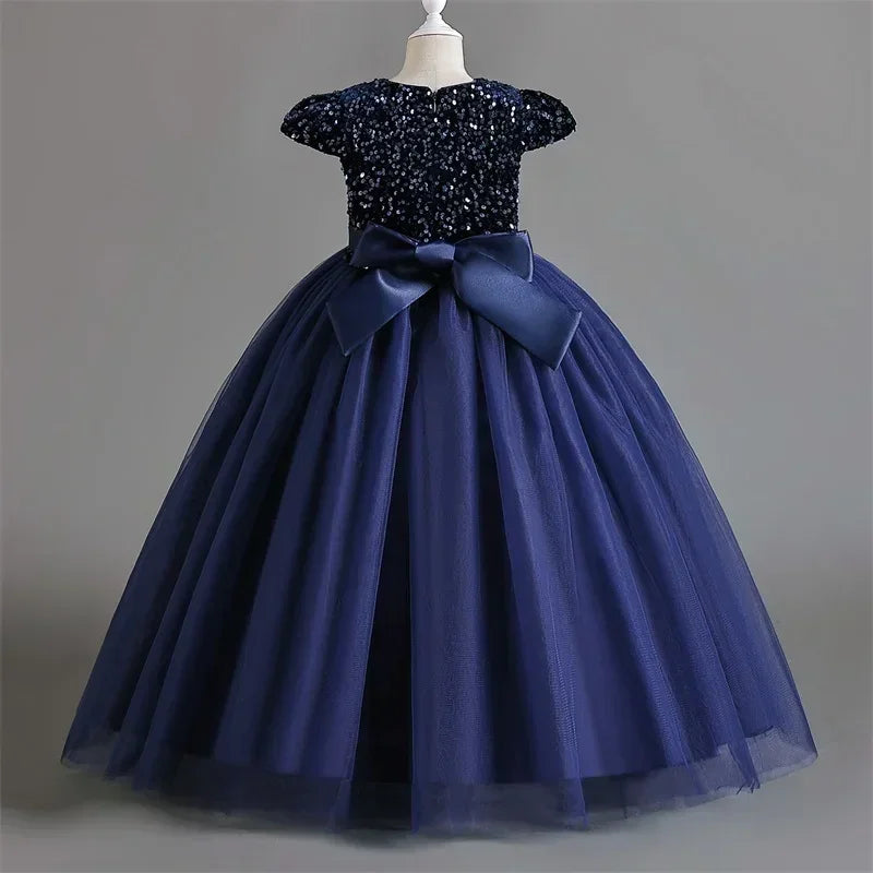 Puffy Girls Party Dress Elegant Kids Wedding Gala Prom Gown Sequin Bow Children Birthday Princess Dress For Girl Clothes 5-14Yrs