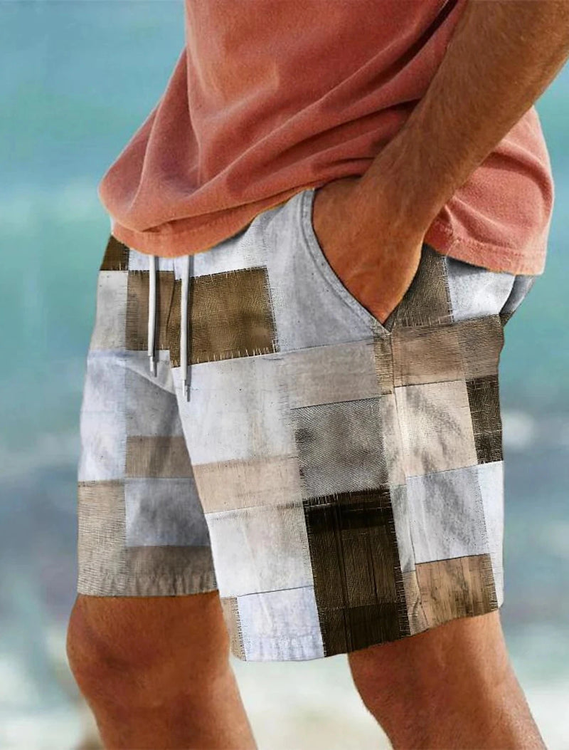 Men's Surf Shorts Drawstring Swim Trunks Elasticated Waistband Colourful Patchwork Quick Dry Shorts Hawaii Casual Micro Stretch