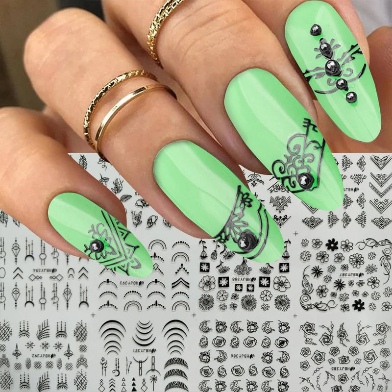 12pcs Nail Stickers Flower Leaf Lace Design Geometry Line Nail Art Sliders Manicure Polish Decal Wrap Decorations Wholesale