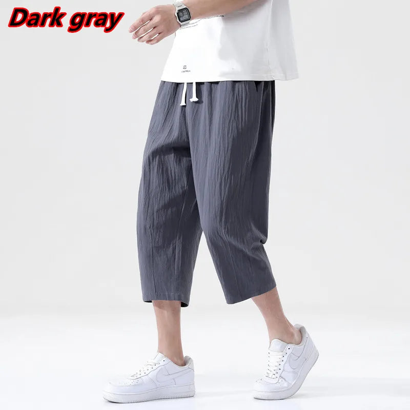 Summer New Casual Short Pants Mens Cotton and Linen Loose Pants  Trend Nine-point Straight Trousers M-5XL
