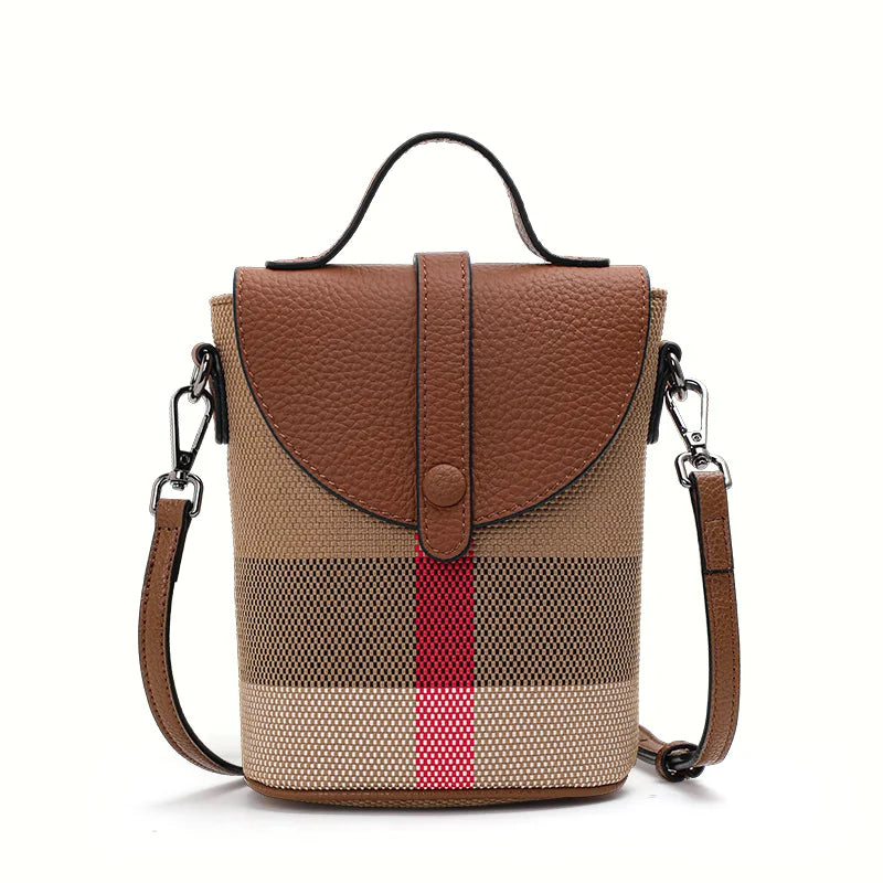 Aidrani  Fashionable women's mini bag, plaid single shoulder crossbody bag, canvas patchwork cowhide portable small bag