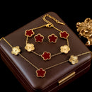 GANEMLY 316L Stainless Steel Red Plum Blossom Plant Leaf Flower Set Reversible Necklace Earrings Bracelet Women Clover Jewelry