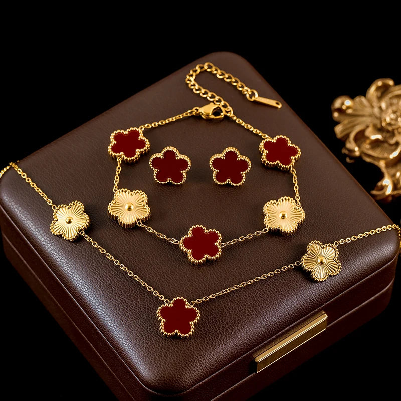 GANEMLY 316L Stainless Steel Red Plum Blossom Plant Leaf Flower Set Reversible Necklace Earrings Bracelet Women Clover Jewelry
