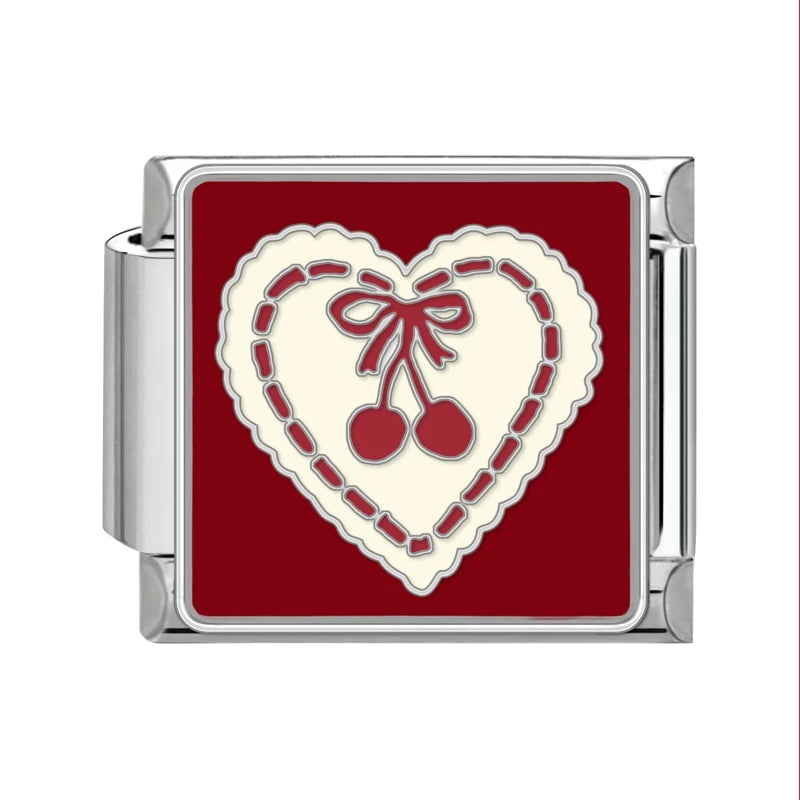 Sweet Red Cherry Bow Knot Heart Pendant Cherry Italian Charm Links Fit 9mm Stainless Steel Bracelet Women Jewelry DIY Making
