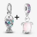 2Pcs/Lot Crystal Blue Scaled Fish Bead With Pendant Fit DIY Brand Charm Bracelet  For Women's Summer Jewelry To Making Gift