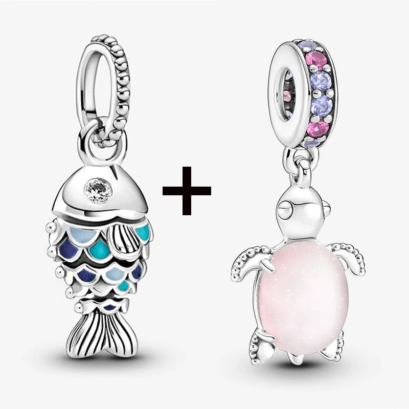 2Pcs/Lot Crystal Blue Scaled Fish Bead With Pendant Fit DIY Brand Charm Bracelet  For Women's Summer Jewelry To Making Gift