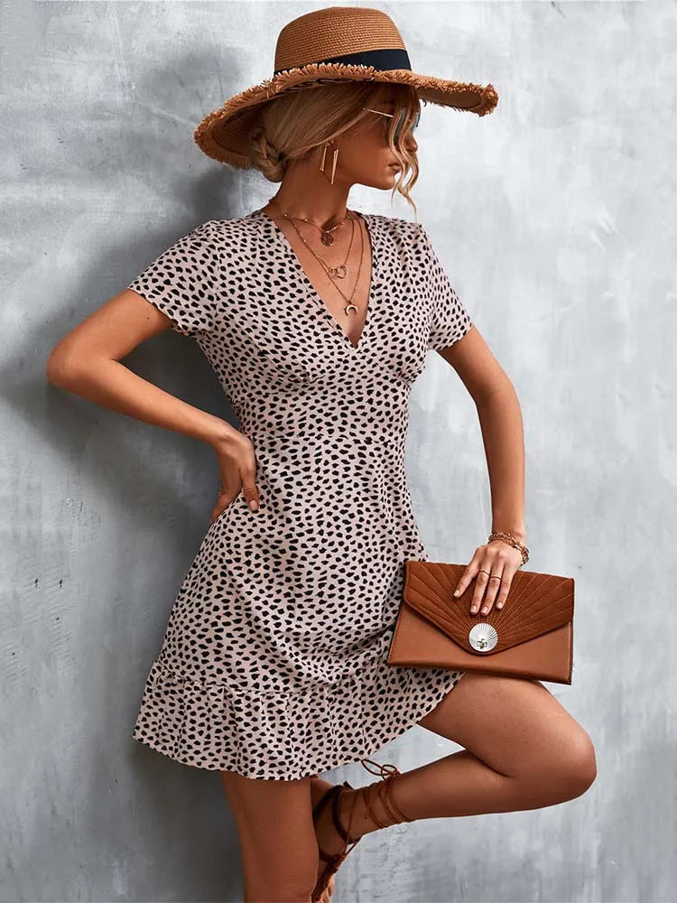 Summer Short Boho Dress Women V Neck Print Floral Party Dress Ladies Bohemian Flower Mini Dress For Women