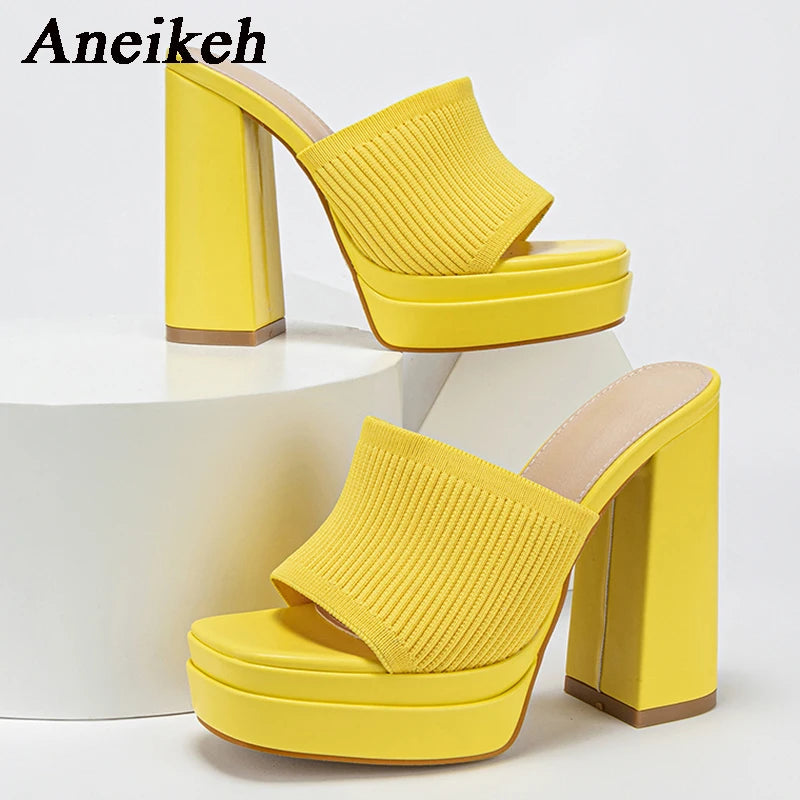 Aneikeh Sexy Knitted Woolen Chunky Platform Sandal Heels Women's Peep Toe High Heel Summer Nude Party Dress Mules Sandals Shoes