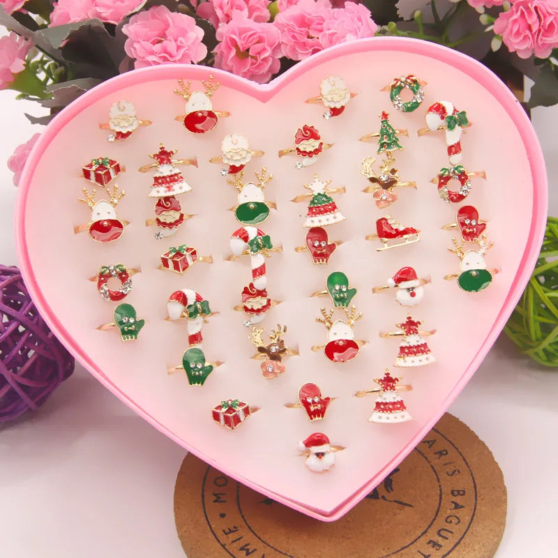 36pcs/lot Rings for Children Fruit Cartoon Christmas Ring Opening Adjustable Metal Engagement Jewelry  Gift Without Box