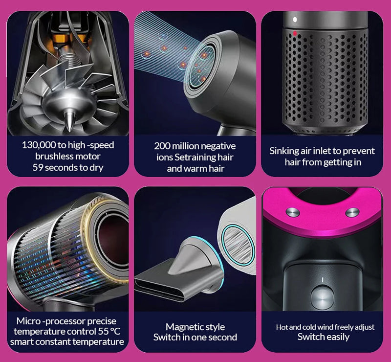 Secador de pelo Ion sin hojas Super Ionic 5 en 1 con difusor, secador de pelo profesional con ionización, secador eléctrico de aire caliente.