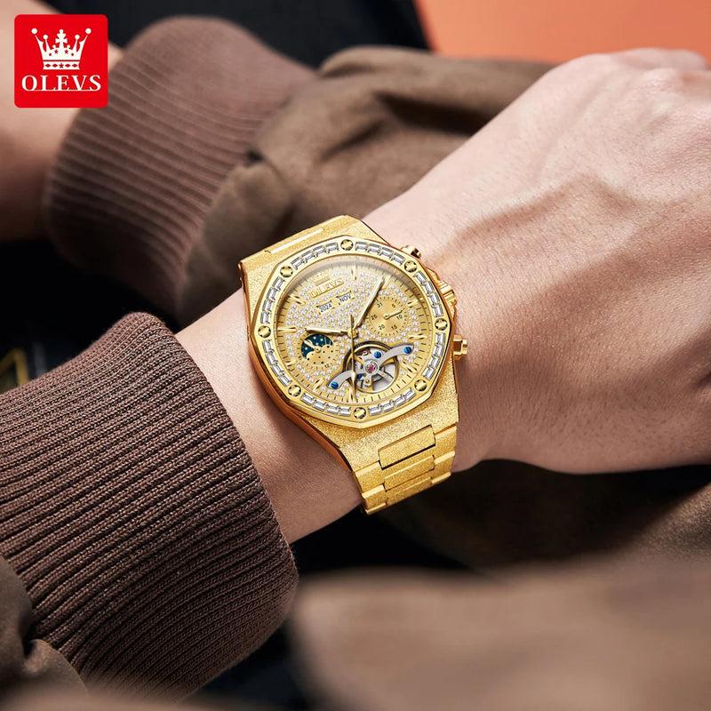 OLEVS 9805 High end Men Watches  Waterproof Moon Phase Diamond Dial Fashion Luxury Mechanical Watch Skeleton Original Wristwatch