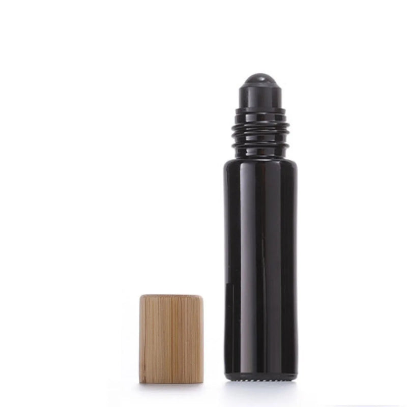 1X 10X 5ML 10ML Glass Black Roll On Bottle Essential Oil Natural Obsidian Ball Roller for Perfume Aromatherapy Refillable Bamboo