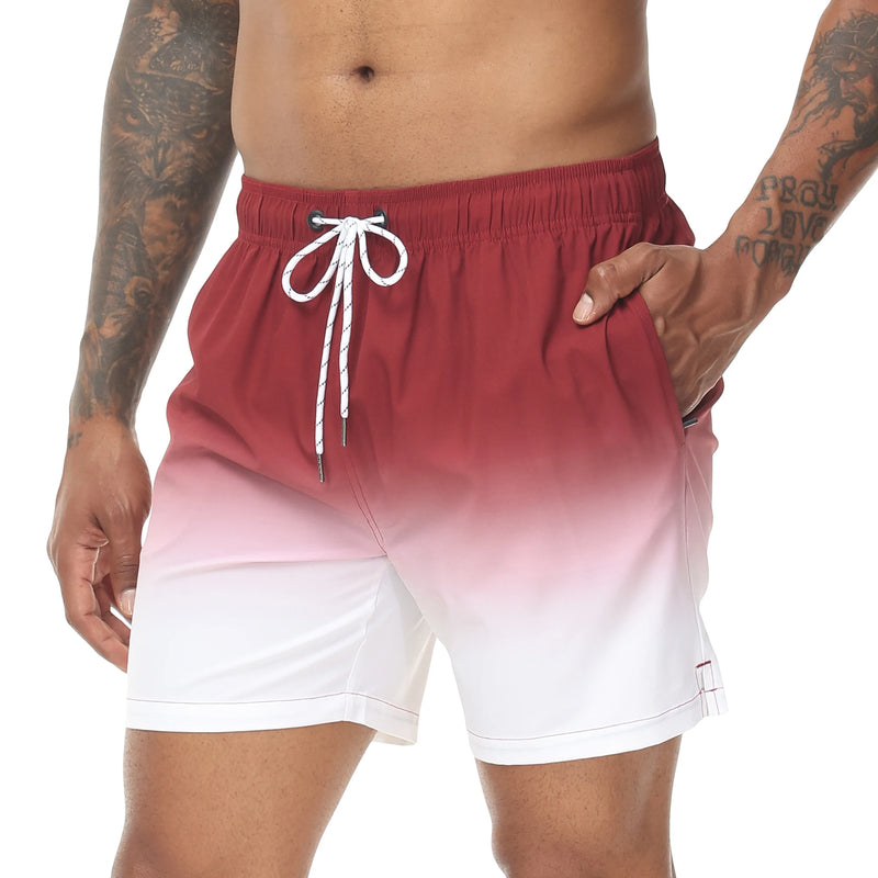 Men's Swim Trunks Gradient Swimming Shorts Quick Dry Beach Shorts with Zipper Pockets and Mesh Lining Fashion Swimsuit for Men