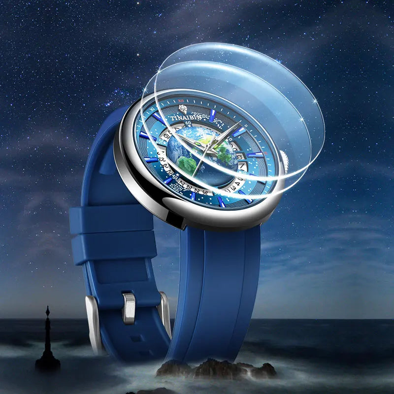 Tourbillon Earth Men's Watch Luminous 3D Mechanical Automatic Genuine Leather Waterproof High End Luxury relogios masculino