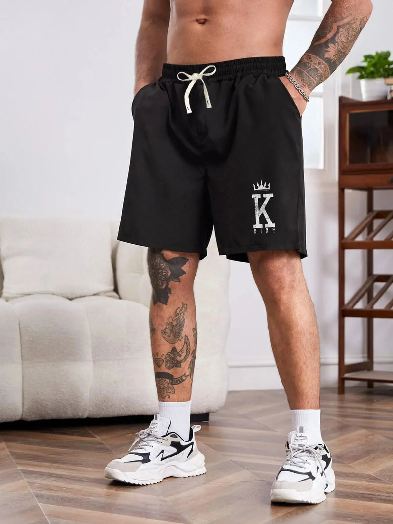 Men's K-letter printed loose beach shorts sportswear with drawstring quick