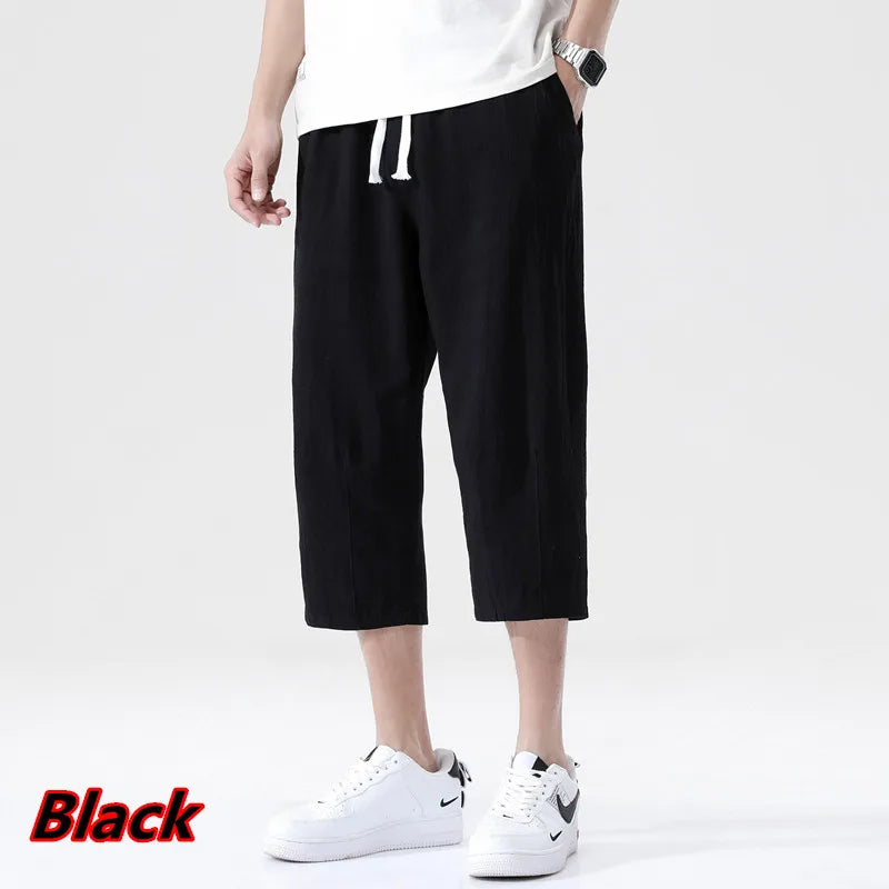 Summer New Casual Short Pants Mens Cotton and Linen Loose Pants  Trend Nine-point Straight Trousers M-5XL
