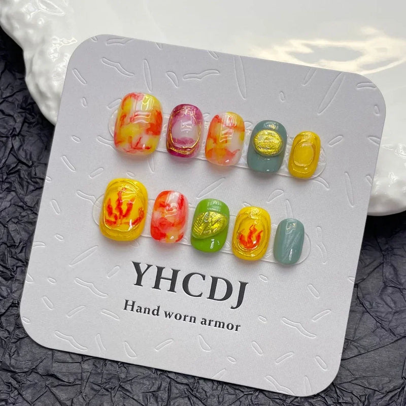 Uñas postizas acrílicas artificiales cortas con diseño de estrella de fiesta coreana, hechas a mano, con cobertura total para niñas.