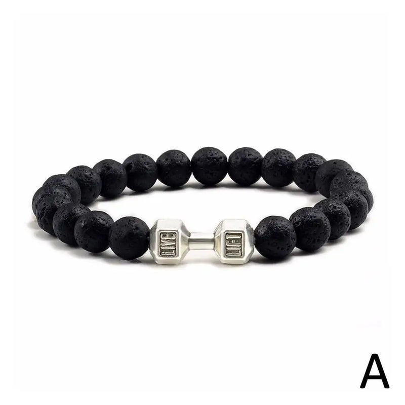 1Pcs Natural Stone Dumbbell Beaded Bracelet Black Beads Fitness Fit Life Prayer Bracelets Bangles Barbell Men Jewelry