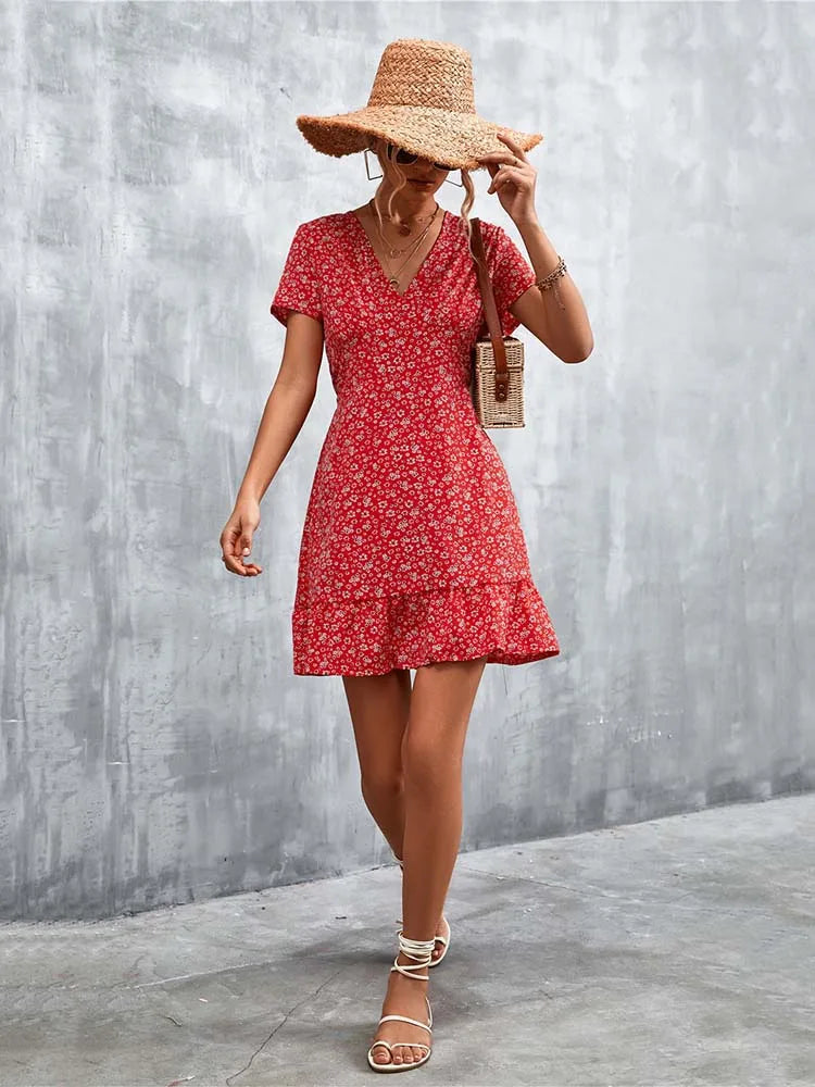 Summer Short Boho Dress Women V Neck Print Floral Party Dress Ladies Bohemian Flower Mini Dress For Women
