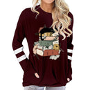 Women's Cotton Long Sleeve T-shirt Vintage Cat with Books Print Round Neck Tops Funny Flower Animal Books Lovers Female Tshirt