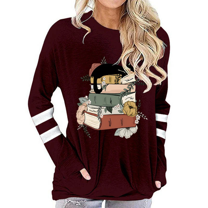 Women's Cotton Long Sleeve T-shirt Vintage Cat with Books Print Round Neck Tops Funny Flower Animal Books Lovers Female Tshirt