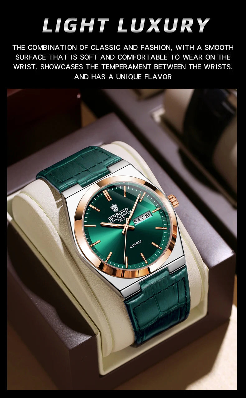 BINBOND New Authentic Youth Men's Quartz Watchwith Fashion Leather Strap Waterproof Luminous Calendar Luxury Business Men Watch