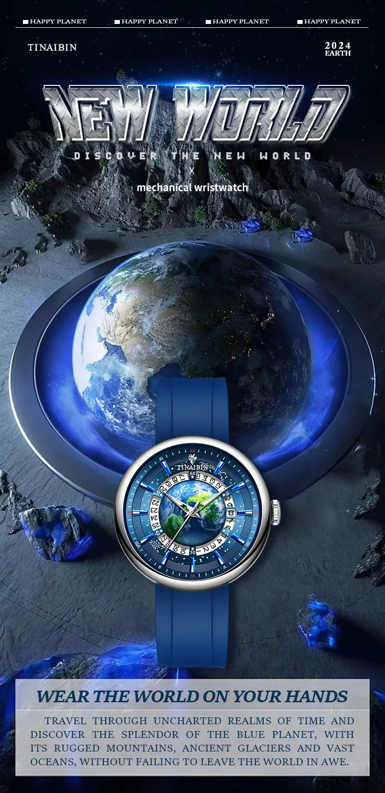 Tourbillon Earth Men's Watch Luminous 3D Mechanical Automatic Genuine Leather Waterproof High End Luxury relogios masculino