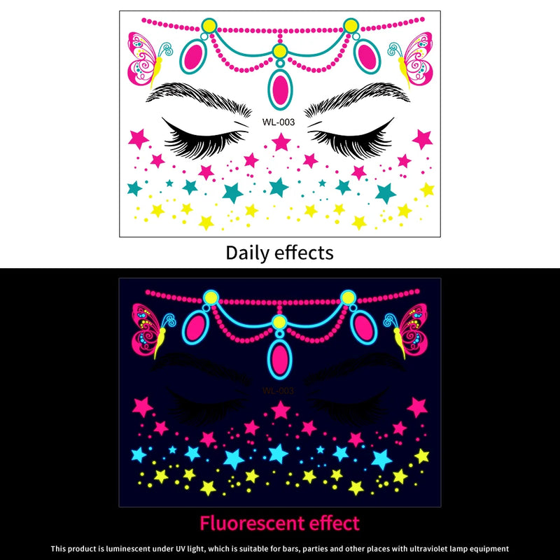 1Pc UV Neon Butterfly Flower Face Tattoo Stickers 14*15cm Waterproof Fluorescent Body Sticker for Club Party Makeup Face Sticker