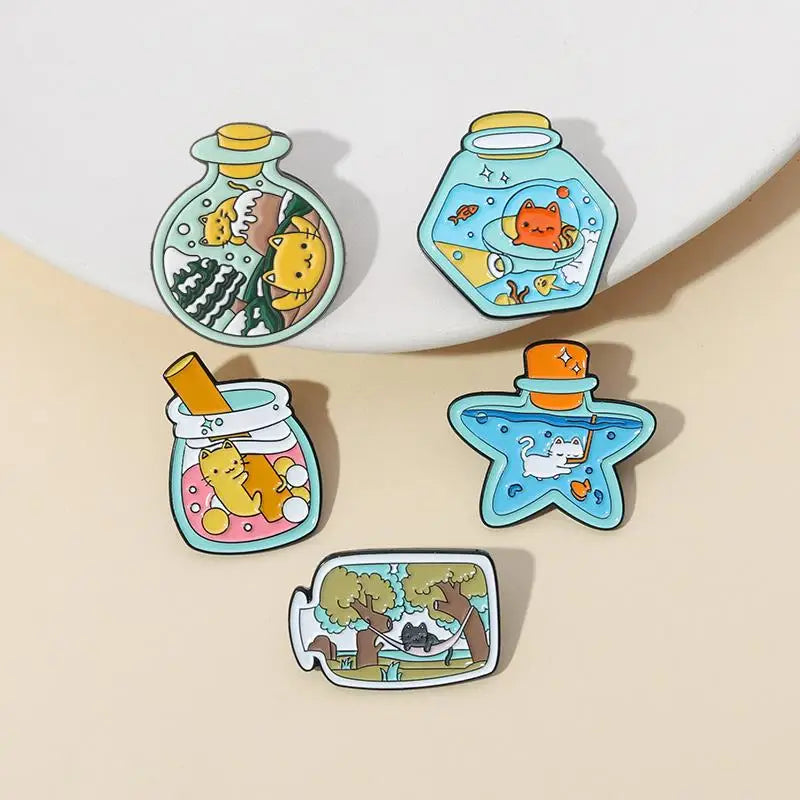 Cat's Wishing Bottle Enamel Pins Custom Kitten Dream Life Brooches Lapel Badges Cartoon Cute Animal Gift for Kids Friends