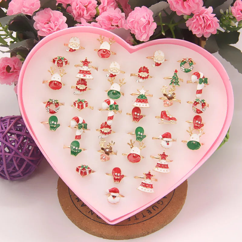 36pcs/lot Rings for Children Fruit Cartoon Christmas Ring Opening Adjustable Metal Engagement Jewelry  Gift Without Box