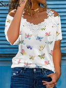 Summer Sexy Lace Short Sleeve Off Shoulder V-Neck Women T-Shirts Ladies Floral Print Street Tops Female Casual Loose T-Shirt