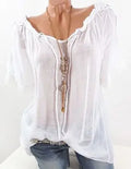 Sexy V Neck Lace Patchwork Loose T-shirts Summer Female See Through Sand Beachwear Tee Shirt Tops ARJ-05
