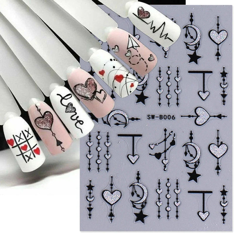 Red Wing Heart Nail Stickers 3D Glitter Stars Moon Lines Foil Metallic Manicure Valentines Decal Slider Manicure Decoration Tips