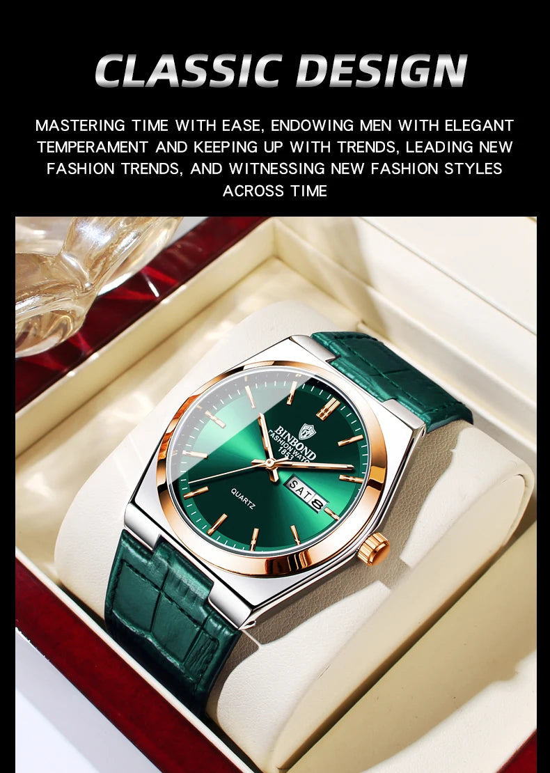 BINBOND New Authentic Youth Men's Quartz Watchwith Fashion Leather Strap Waterproof Luminous Calendar Luxury Business Men Watch